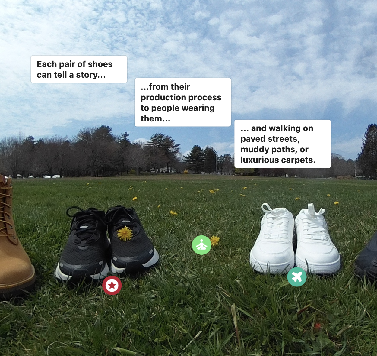Two sets of shoes rest on the grass and text boxes float above them